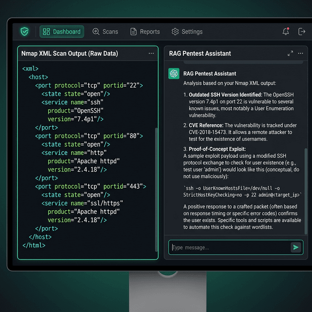 Pentest RAG Dashboard analyzing Nmap XML